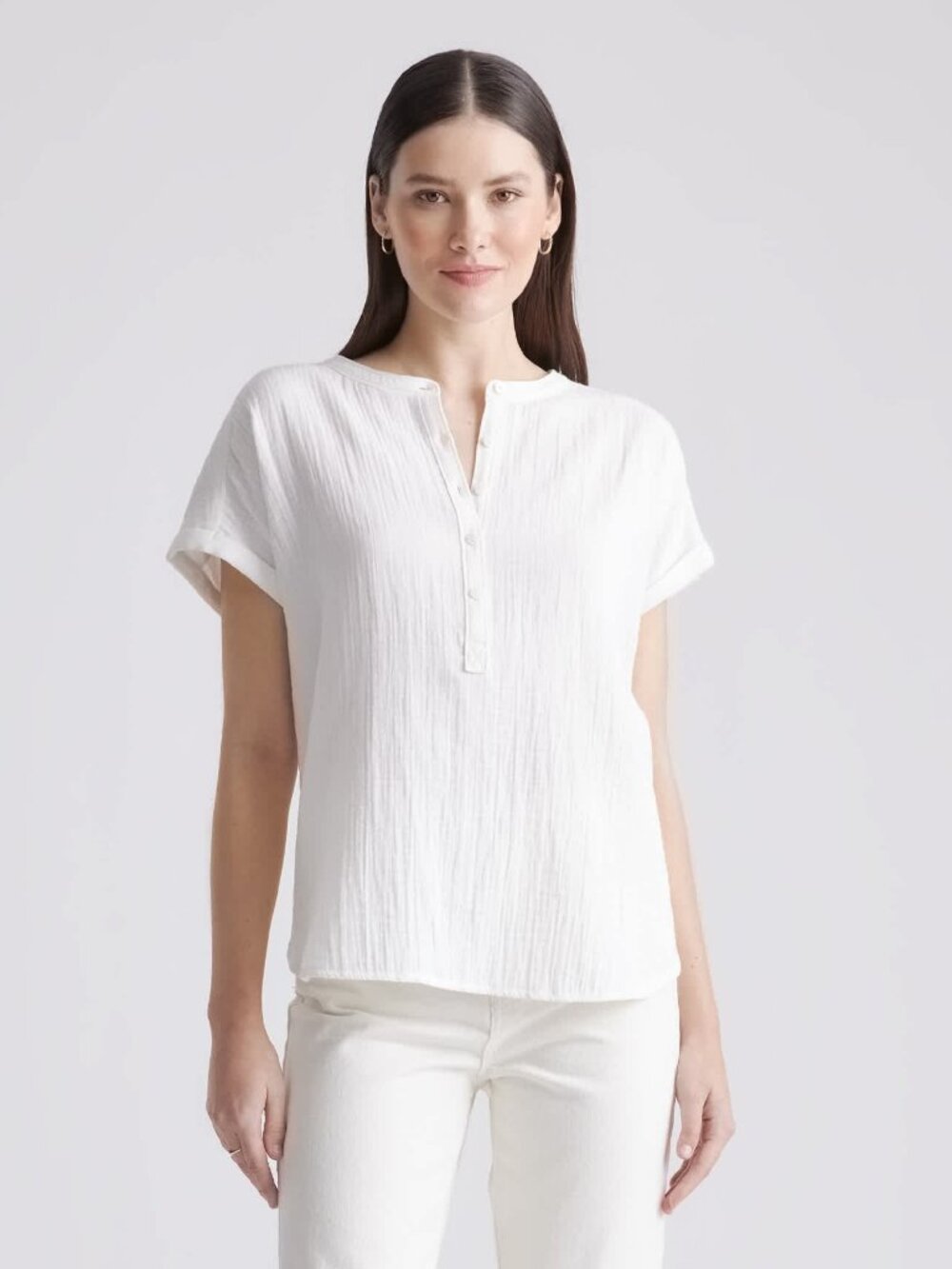 Quince White 100% Organic Cotton Gauze Roll Sleeve Top